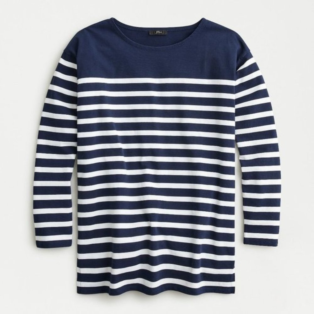 J Crew Boatneck Cotton Tunic Top in Navy White Stripe